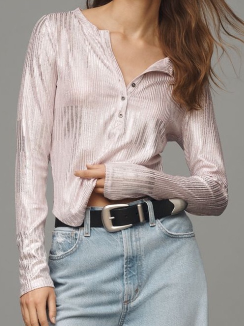 Pilcro The Andie Ribbed Henley Top: Shimmer Edition